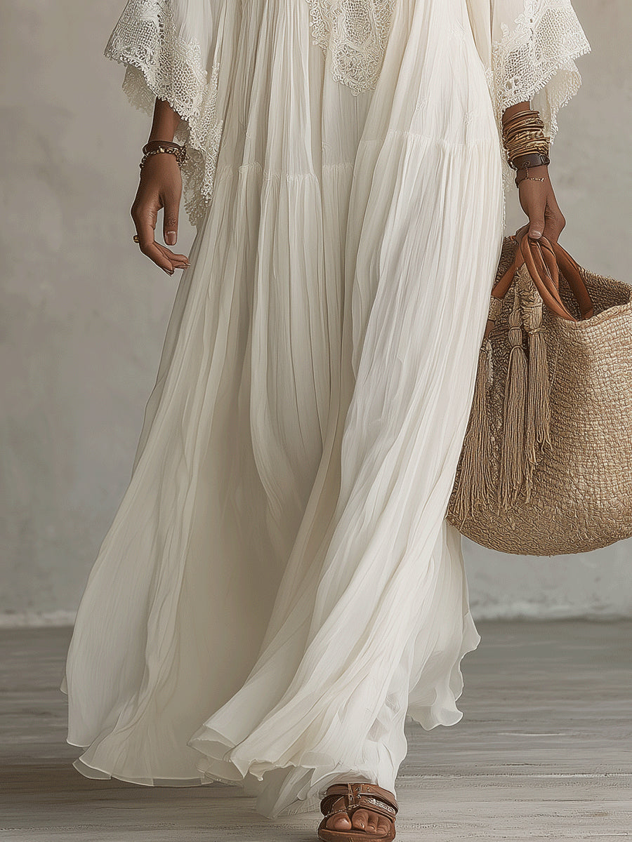 Celeste | Robe longue en chiffon ivoire avec manches chauve-souris et dentelle blanche