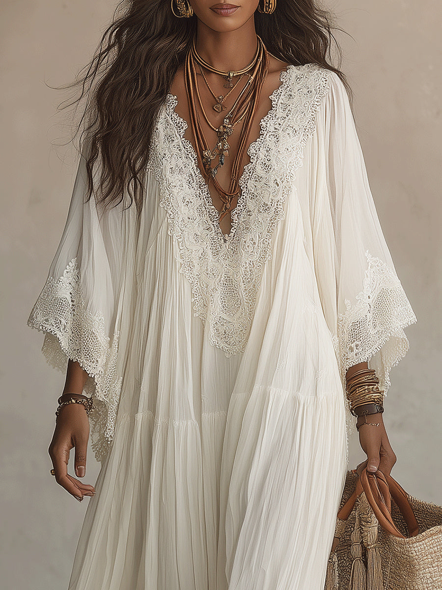 Celeste | Robe longue en chiffon ivoire avec manches chauve-souris et dentelle blanche