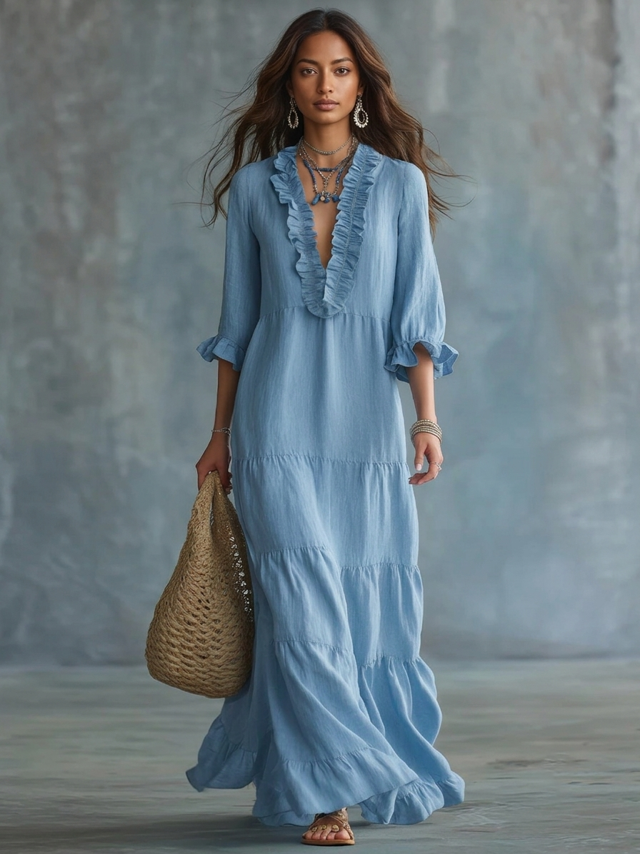 Anita | Maxi robe bleu ciel boho avec décolleté en V et volants