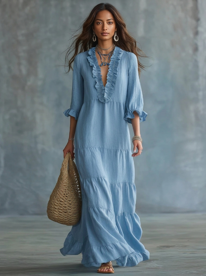 Anita | Maxi robe bleu ciel boho avec décolleté en V et volants