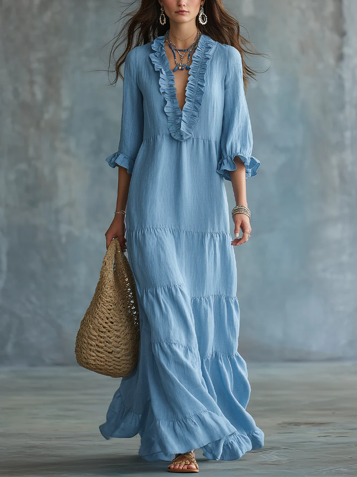 Anita | Maxi robe bleu ciel boho avec décolleté en V et volants