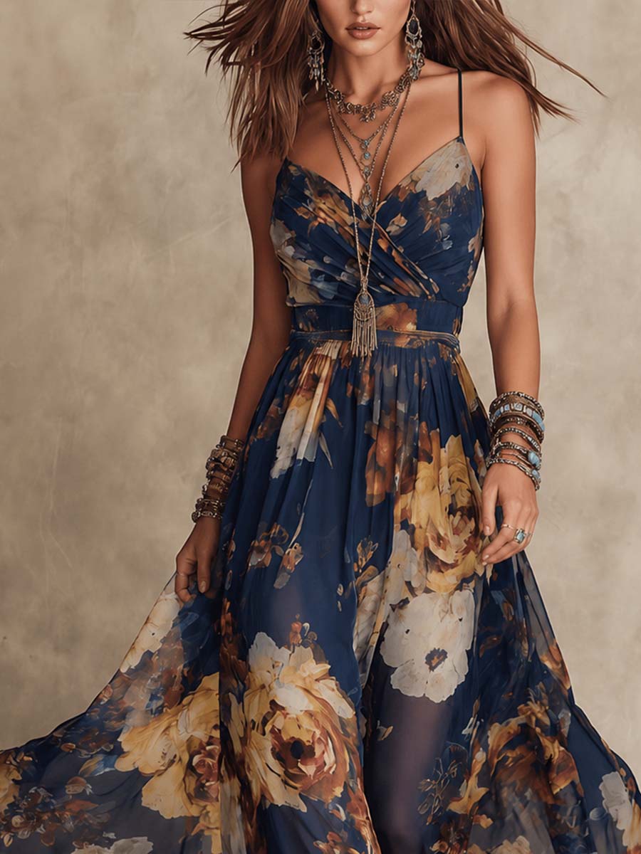 Marina™ | Robe Maxi en Chiffon Floral Bleu Marine à Bretelles Spaghetti