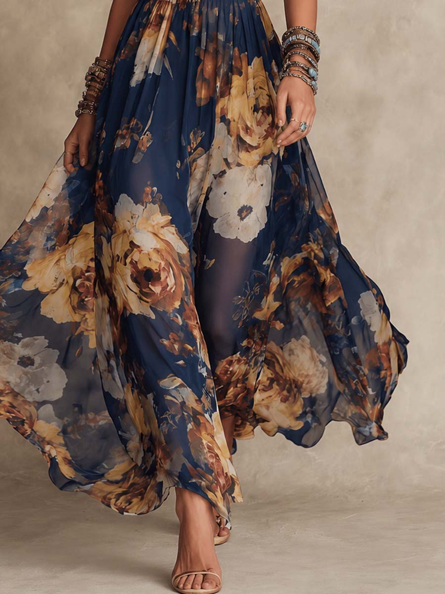 Marina™ | Robe Maxi en Chiffon Floral Bleu Marine à Bretelles Spaghetti