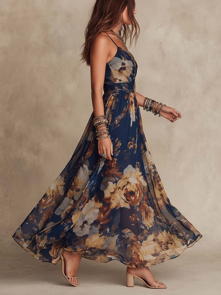 Marina™ | Robe Maxi en Chiffon Floral Bleu Marine à Bretelles Spaghetti