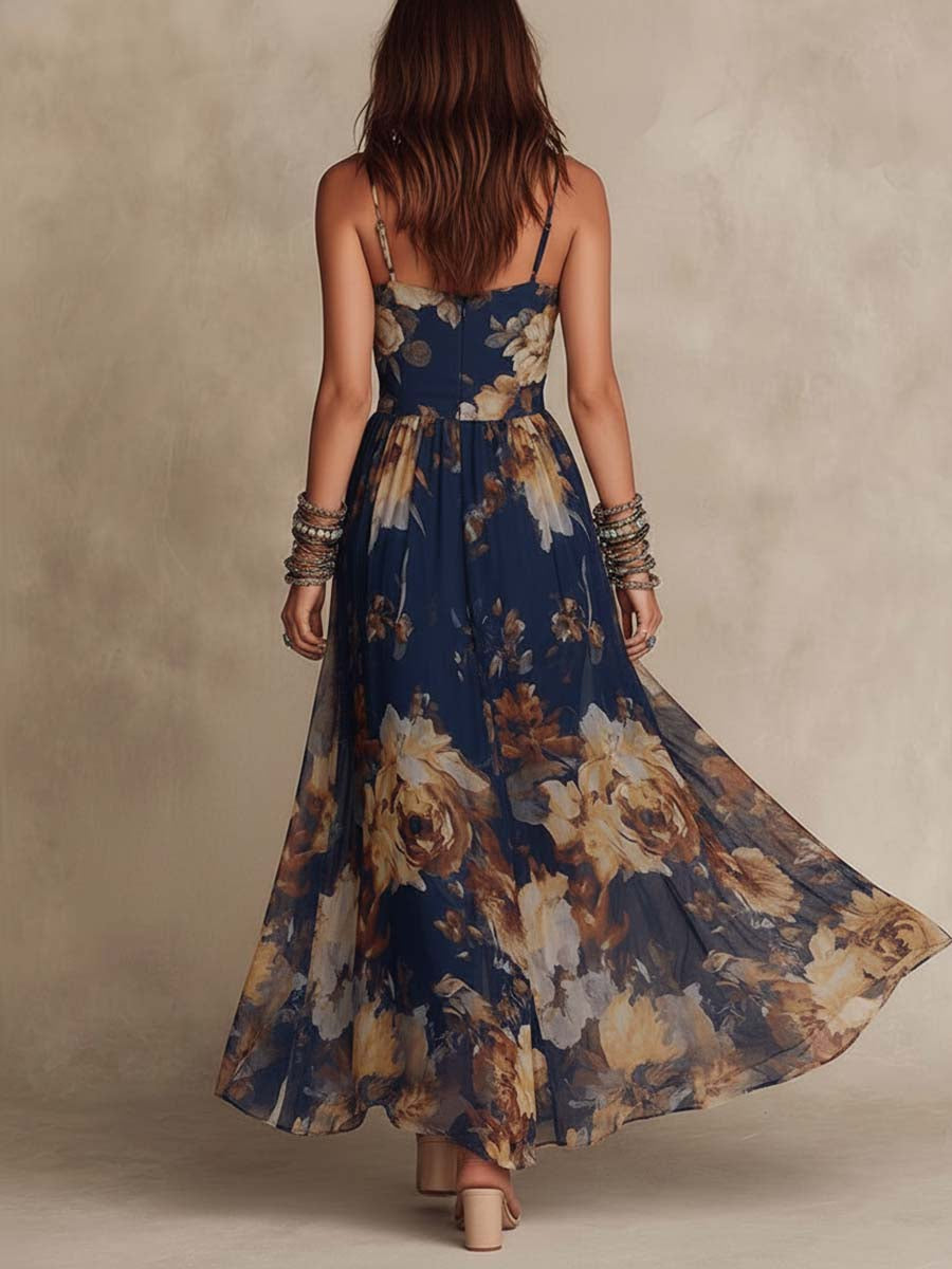 Marina™ | Robe Maxi en Chiffon Floral Bleu Marine à Bretelles Spaghetti