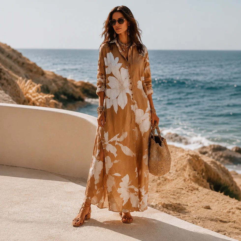 Elettra | Chemisier long marron avec maxi impression florale