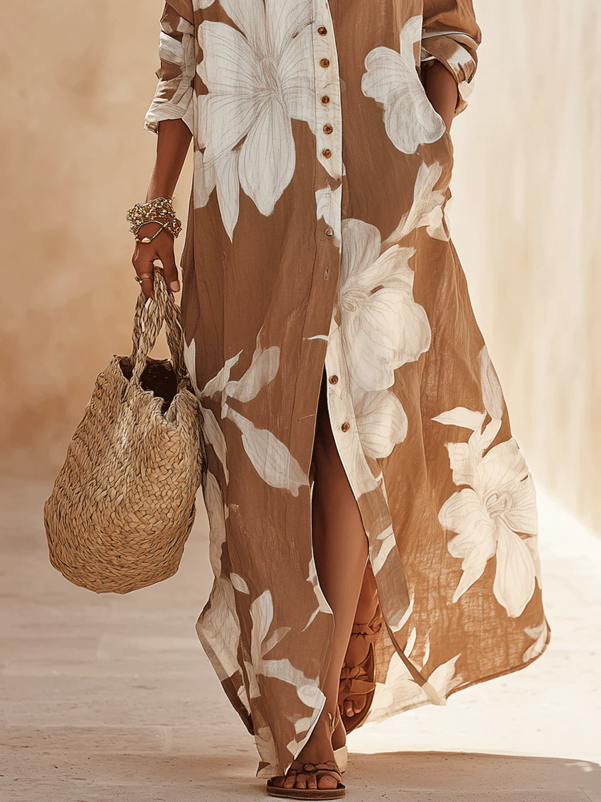 Elettra | Chemisier long marron avec maxi impression florale