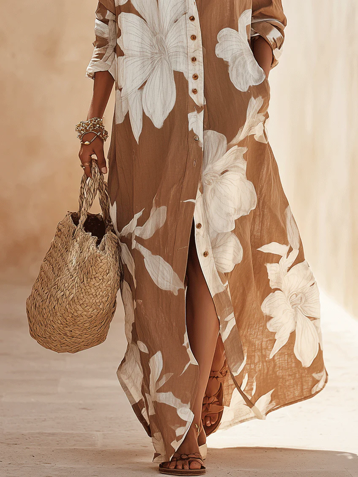 Elettra | Chemisier long marron avec maxi impression florale