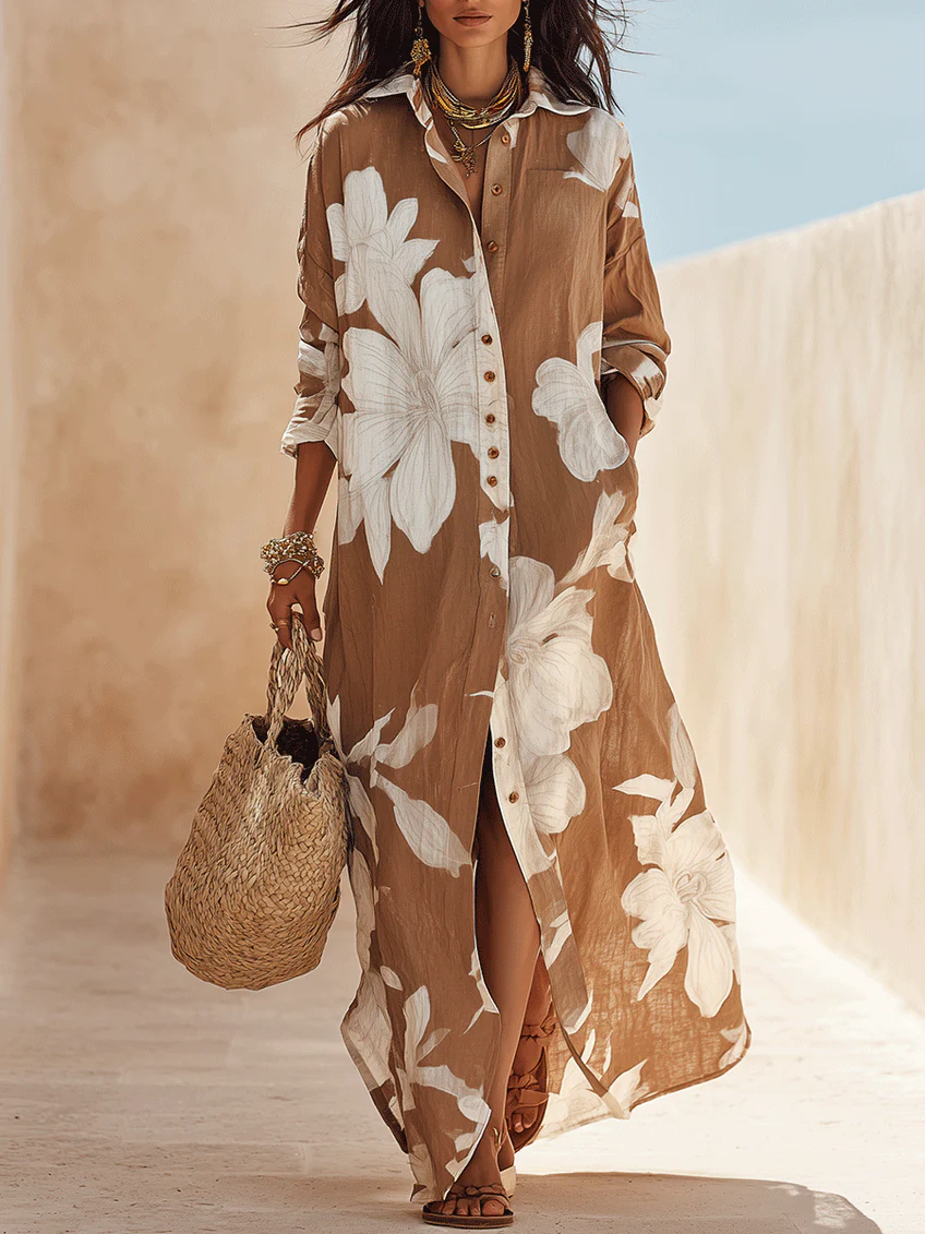 Elettra | Chemisier long marron avec maxi impression florale