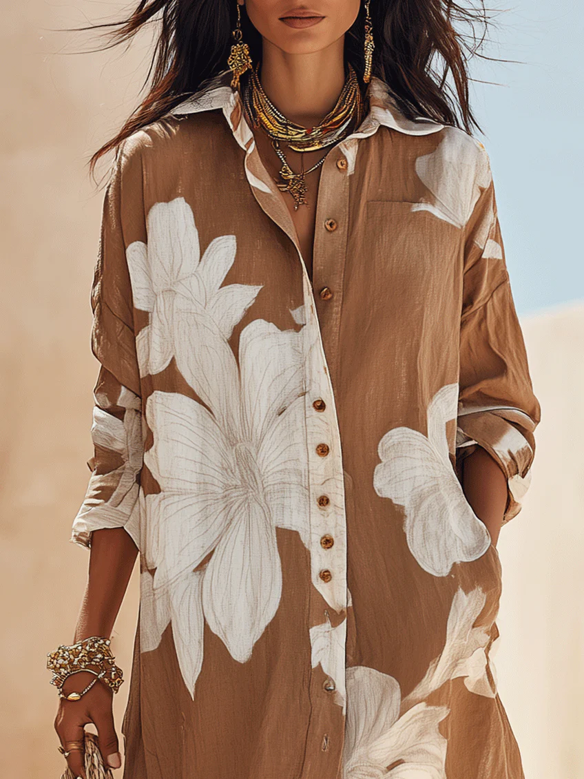 Elettra | Chemisier long marron avec maxi impression florale