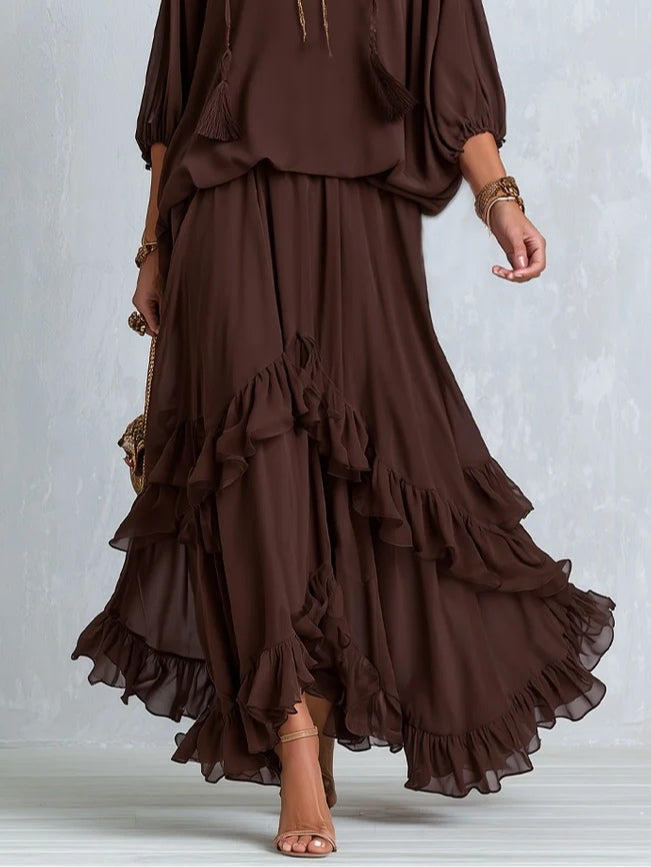 Ondine | Ensemble Haut Chiffon Marron à Franges et Jupe Volantée