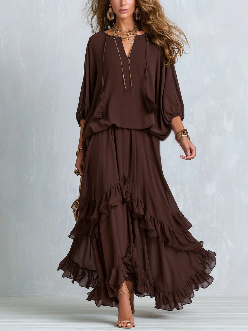 Ondine | Ensemble Haut Chiffon Marron à Franges et Jupe Volantée