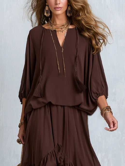 Ondine | Ensemble Haut Chiffon Marron à Franges et Jupe Volantée