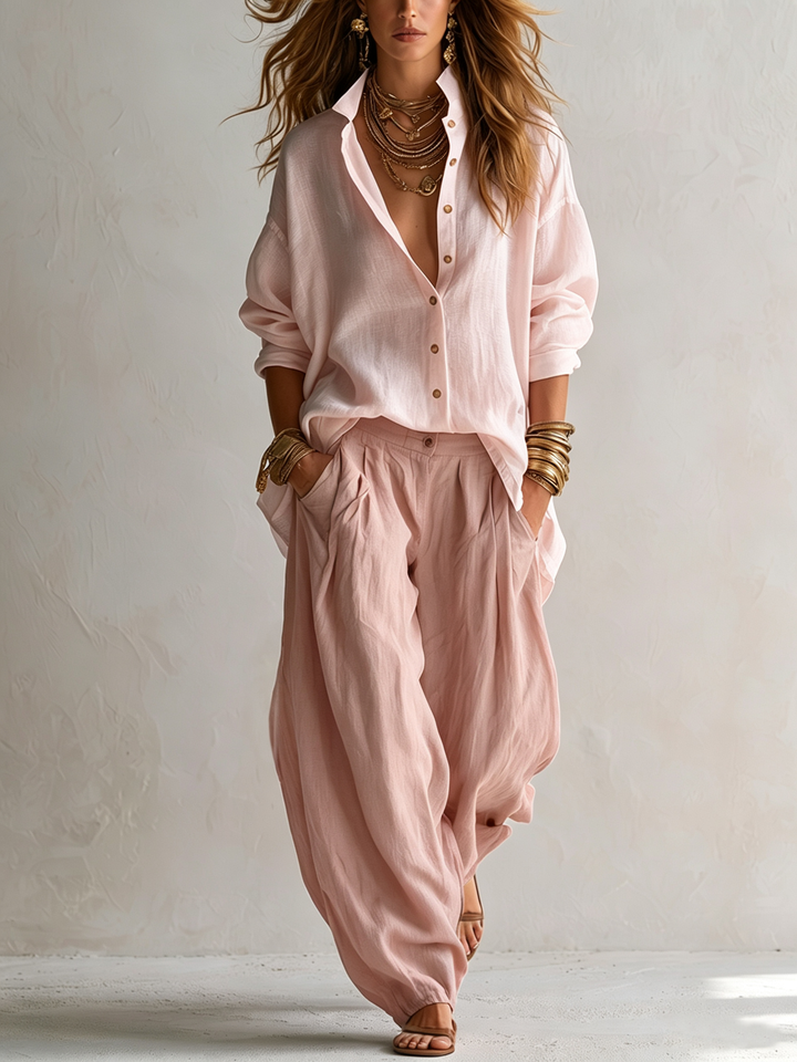 Capucine | Chemise Blanche Ample et Pantalon Lantern Vert Olive