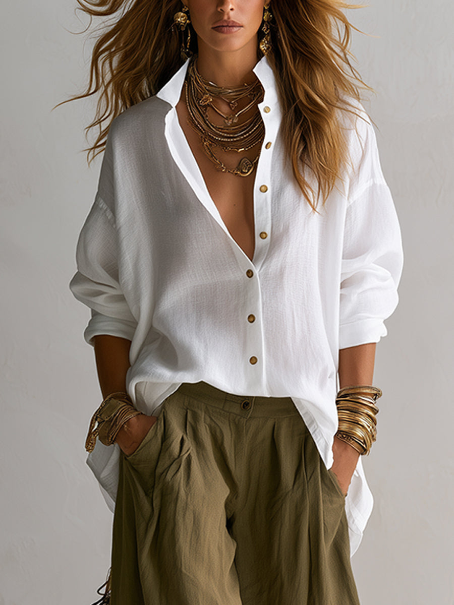 Capucine | Chemise Blanche Ample et Pantalon Lantern Vert Olive