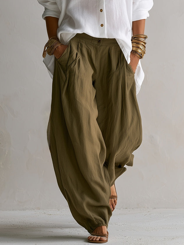 Capucine | Chemise Blanche Ample et Pantalon Lantern Vert Olive
