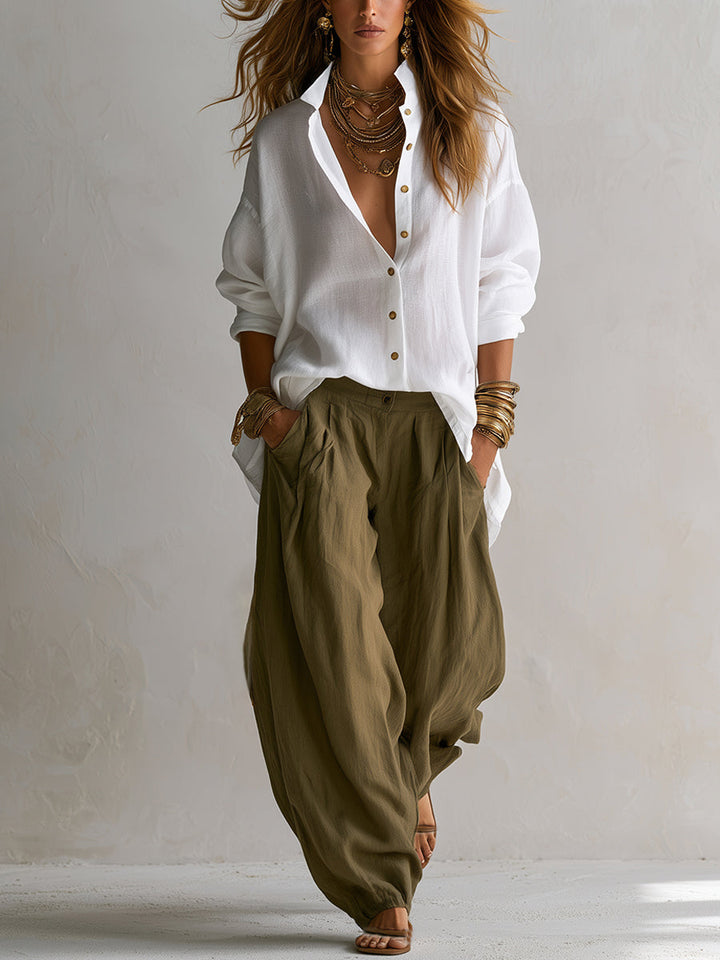 Capucine | Chemise Blanche Ample et Pantalon Lantern Vert Olive