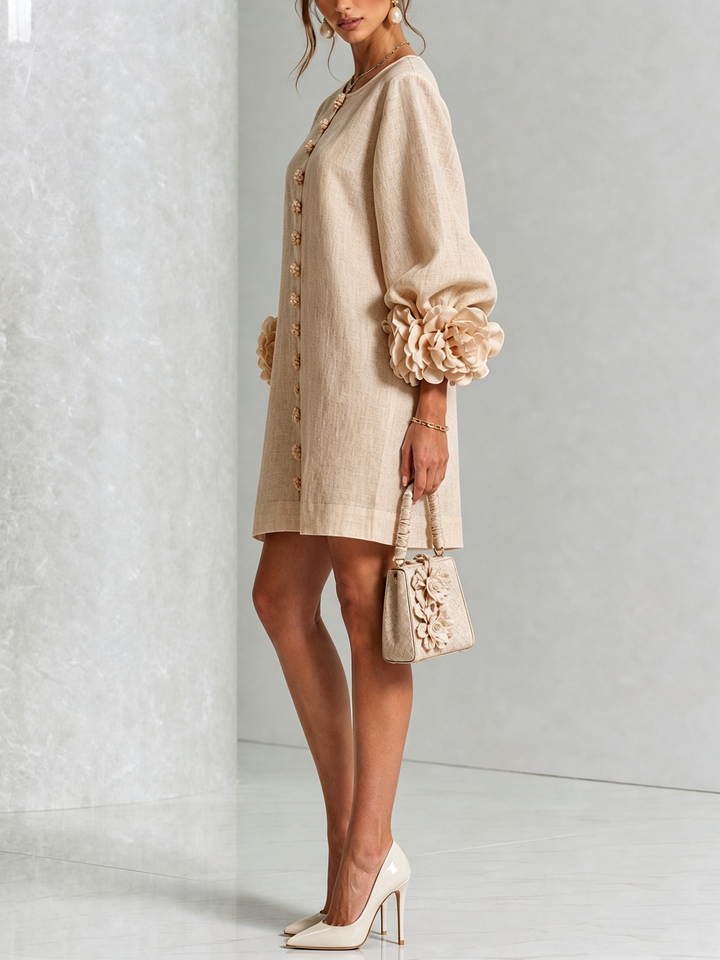 Joséphine™ | Robe Mini Boutonnée Florale Blanche à Manches Fleuries