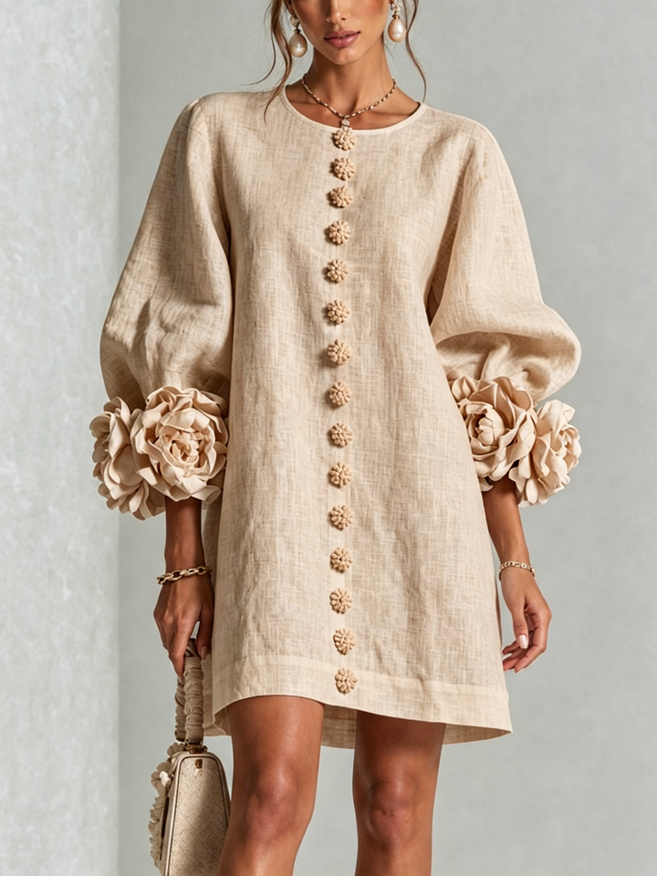 Joséphine™ | Robe Mini Boutonnée Florale Blanche à Manches Fleuries