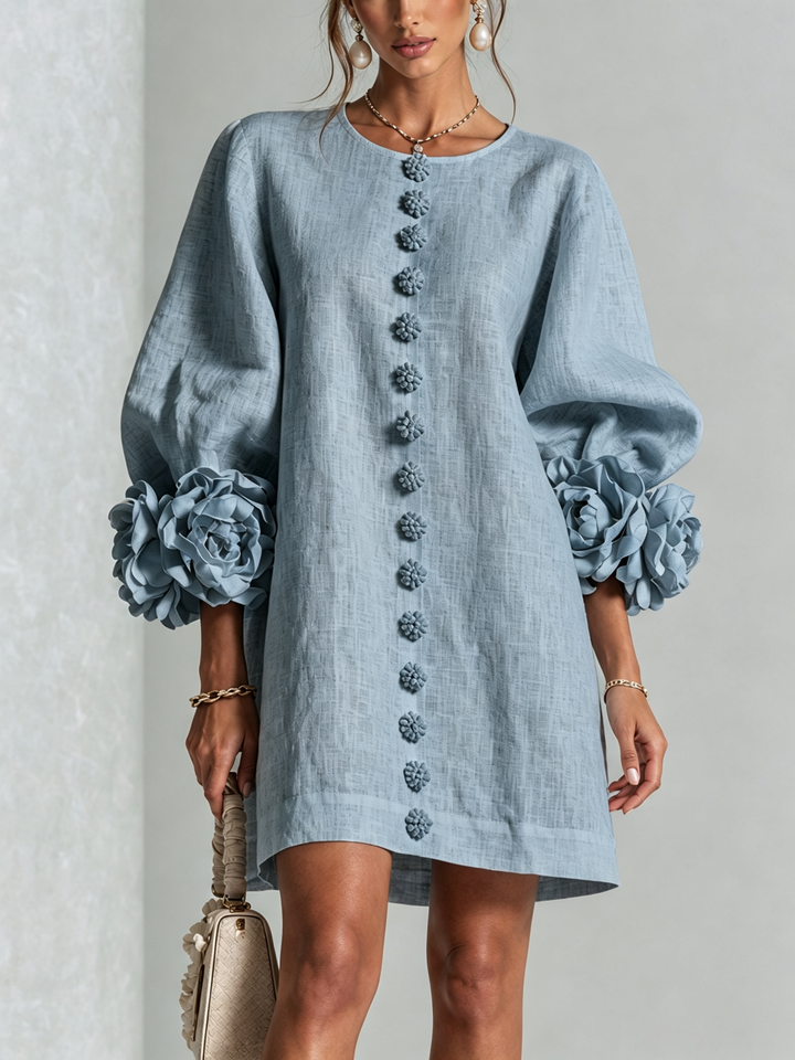 Joséphine™ | Robe Mini Boutonnée Florale Blanche à Manches Fleuries