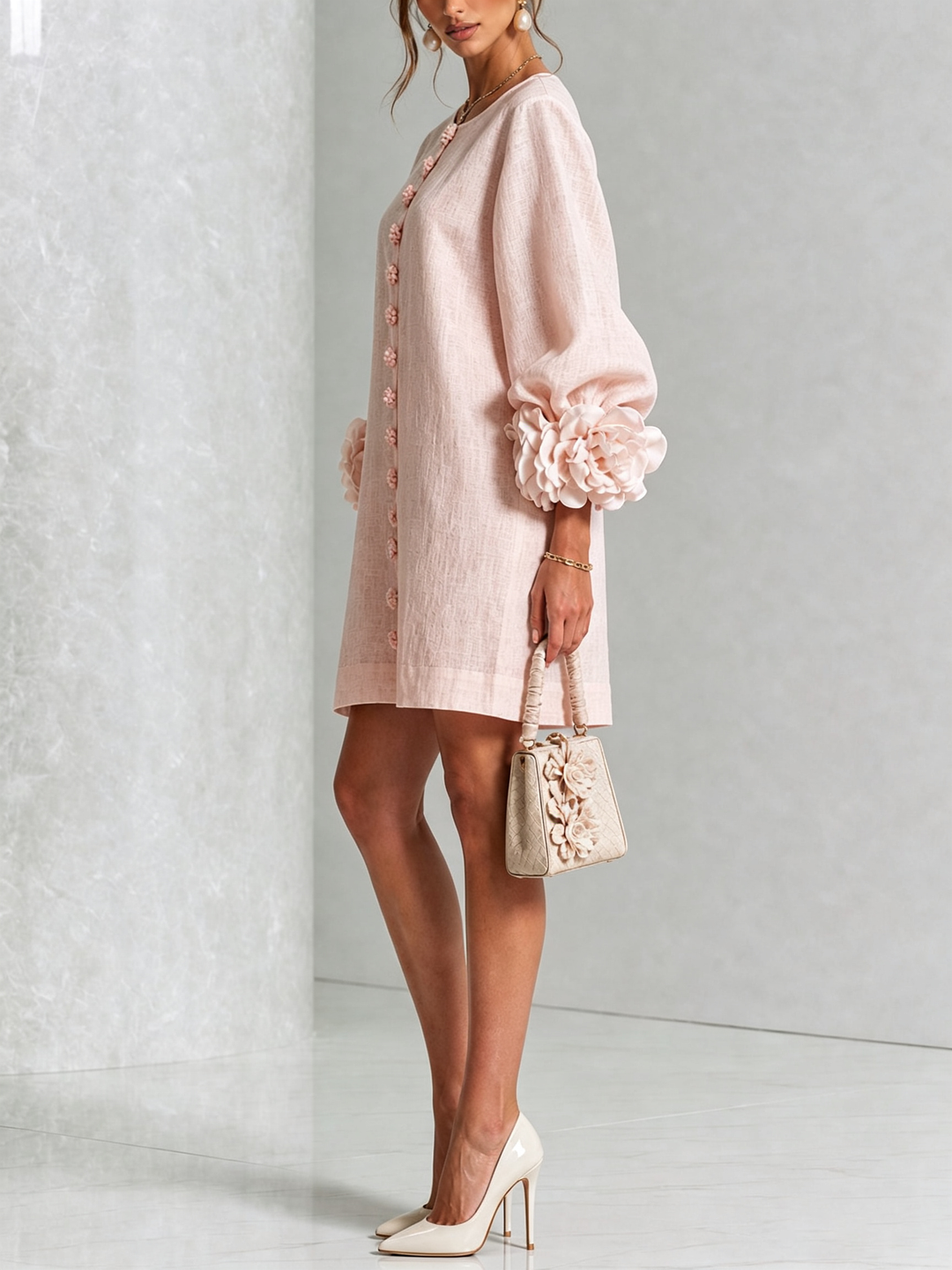 Joséphine™ | Robe Mini Boutonnée Florale Blanche à Manches Fleuries