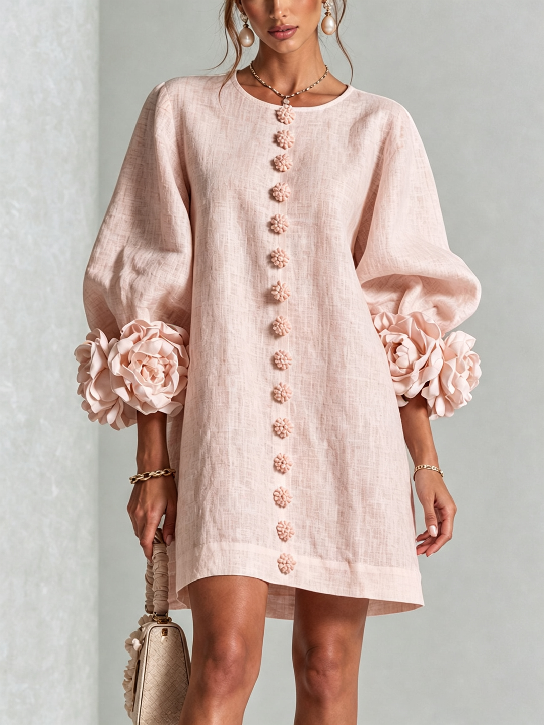 Joséphine™ | Robe Mini Boutonnée Florale Blanche à Manches Fleuries