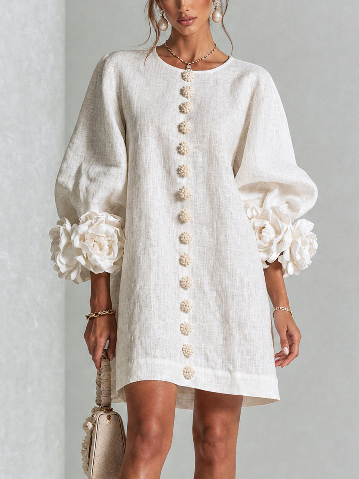 Joséphine™ | Robe Mini Boutonnée Florale Blanche à Manches Fleuries