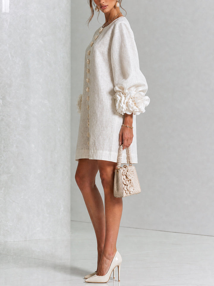 Joséphine™ | Robe Mini Boutonnée Florale Blanche à Manches Fleuries