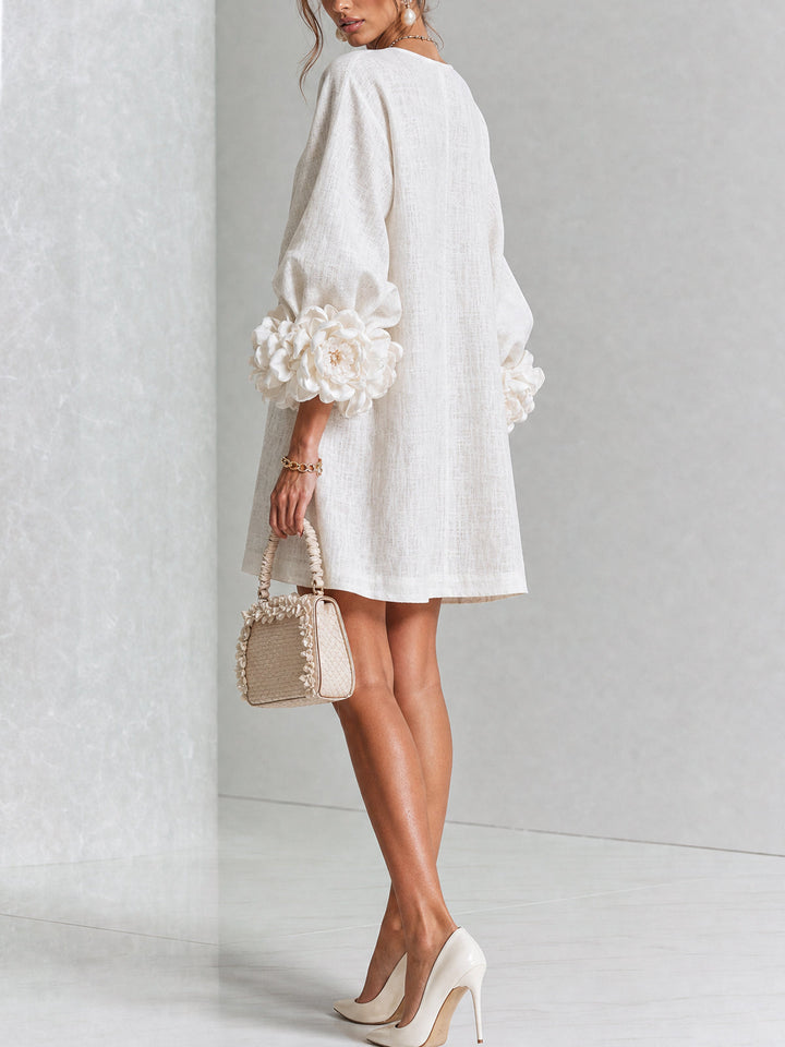 Joséphine™ | Robe Mini Boutonnée Florale Blanche à Manches Fleuries
