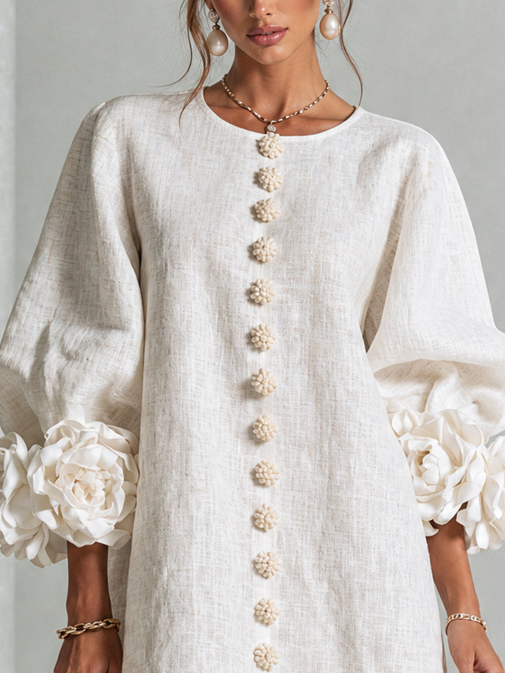 Joséphine™ | Robe Mini Boutonnée Florale Blanche à Manches Fleuries