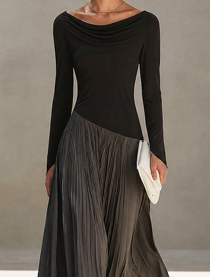 Marine | Robe Maxi Plissée à Col Drapé Bicolore Noir et Gris