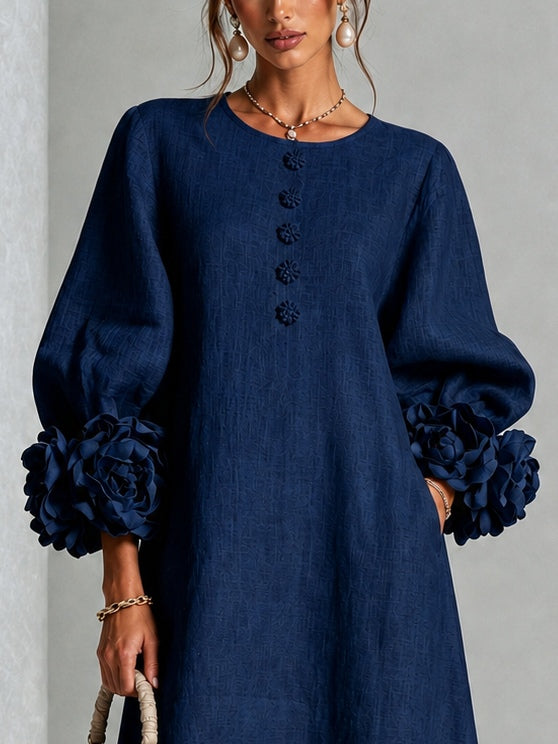 Capucine™ | Robe Midi Boutonnée Florale Marine à Manches Fleuries
