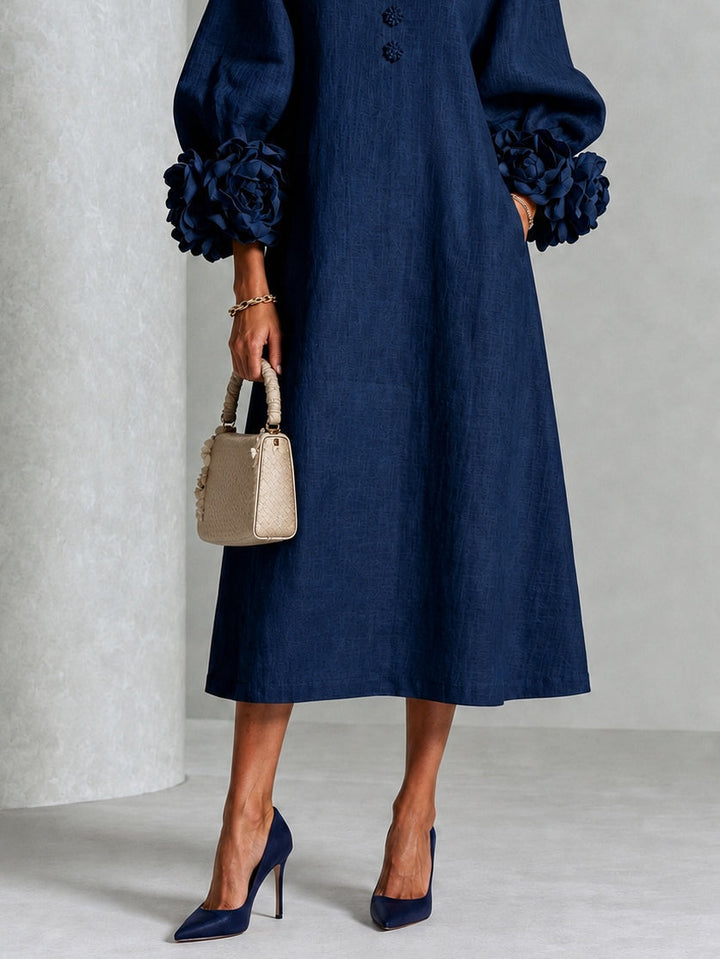 Capucine™ | Robe Midi Boutonnée Florale Marine à Manches Fleuries
