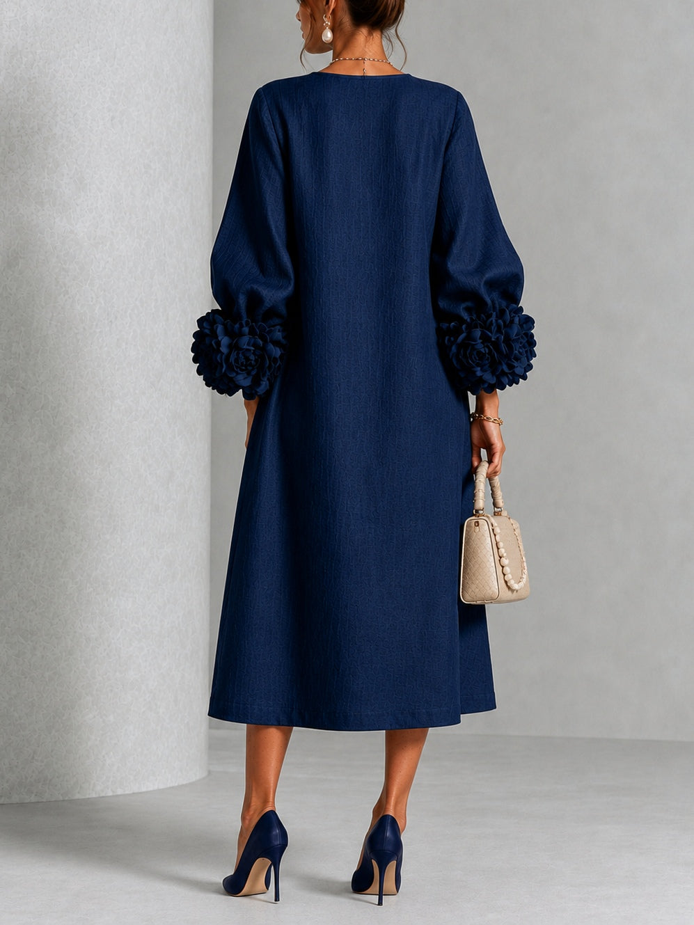 Capucine™ | Robe Midi Boutonnée Florale Marine à Manches Fleuries