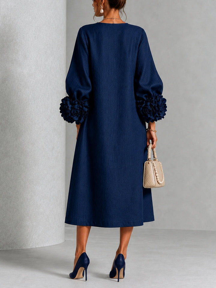 Capucine™ | Robe Midi Boutonnée Florale Marine à Manches Fleuries