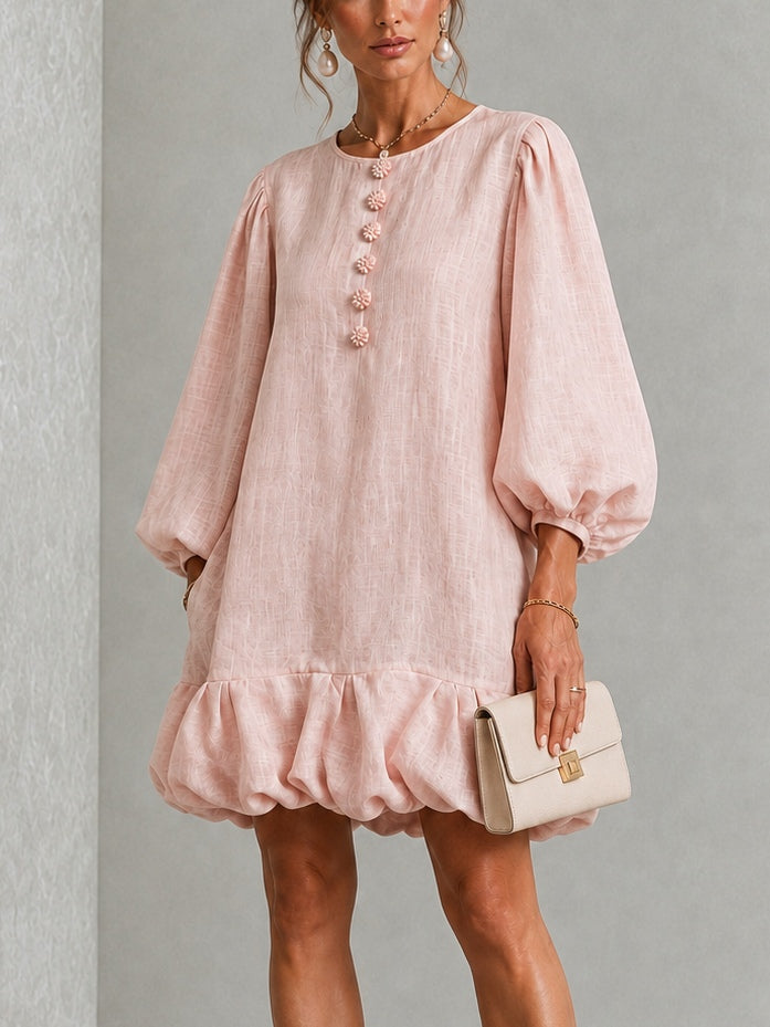 Rosalyn | Robe Mini à Manches Bouffantes et Boutons Fleuris