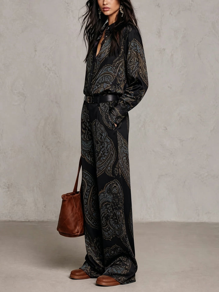 Ensemble chemise satinée à manches longues et pantalon à jambes larges à imprimé cachemire bordeaux-violet (avec ceinture)