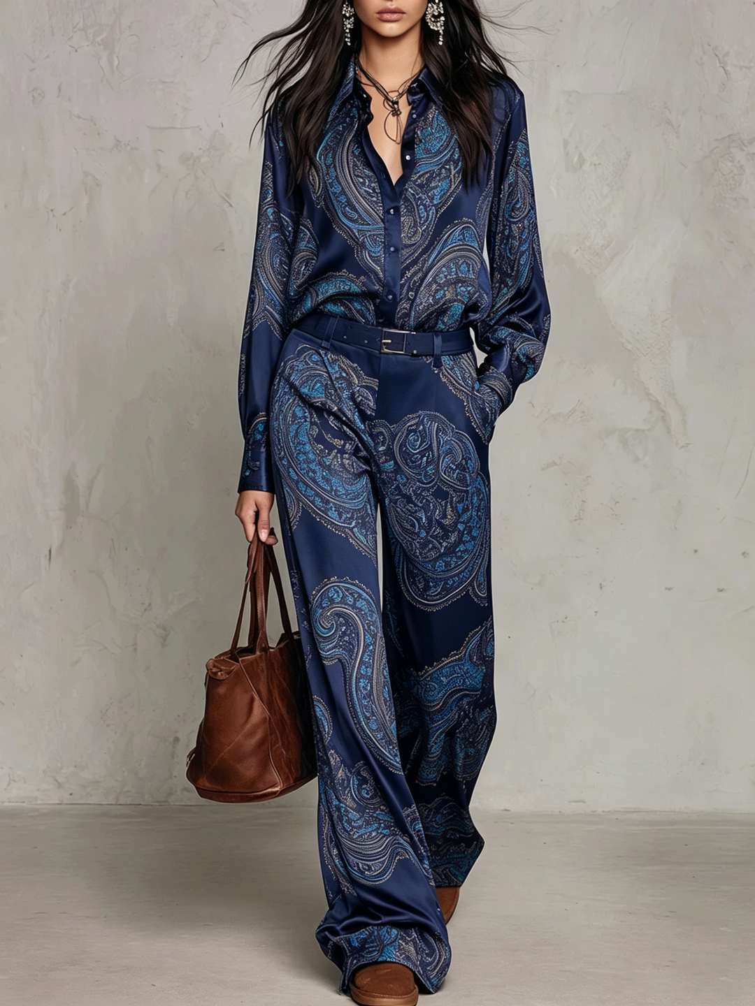 Ensemble chemise satinée à manches longues et pantalon à jambes larges à imprimé cachemire bordeaux-violet (avec ceinture)