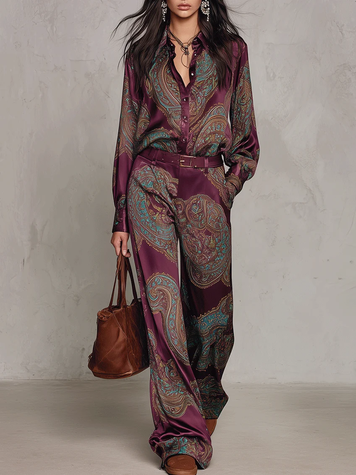 Ensemble chemise satinée à manches longues et pantalon à jambes larges à imprimé cachemire bordeaux-violet (avec ceinture)