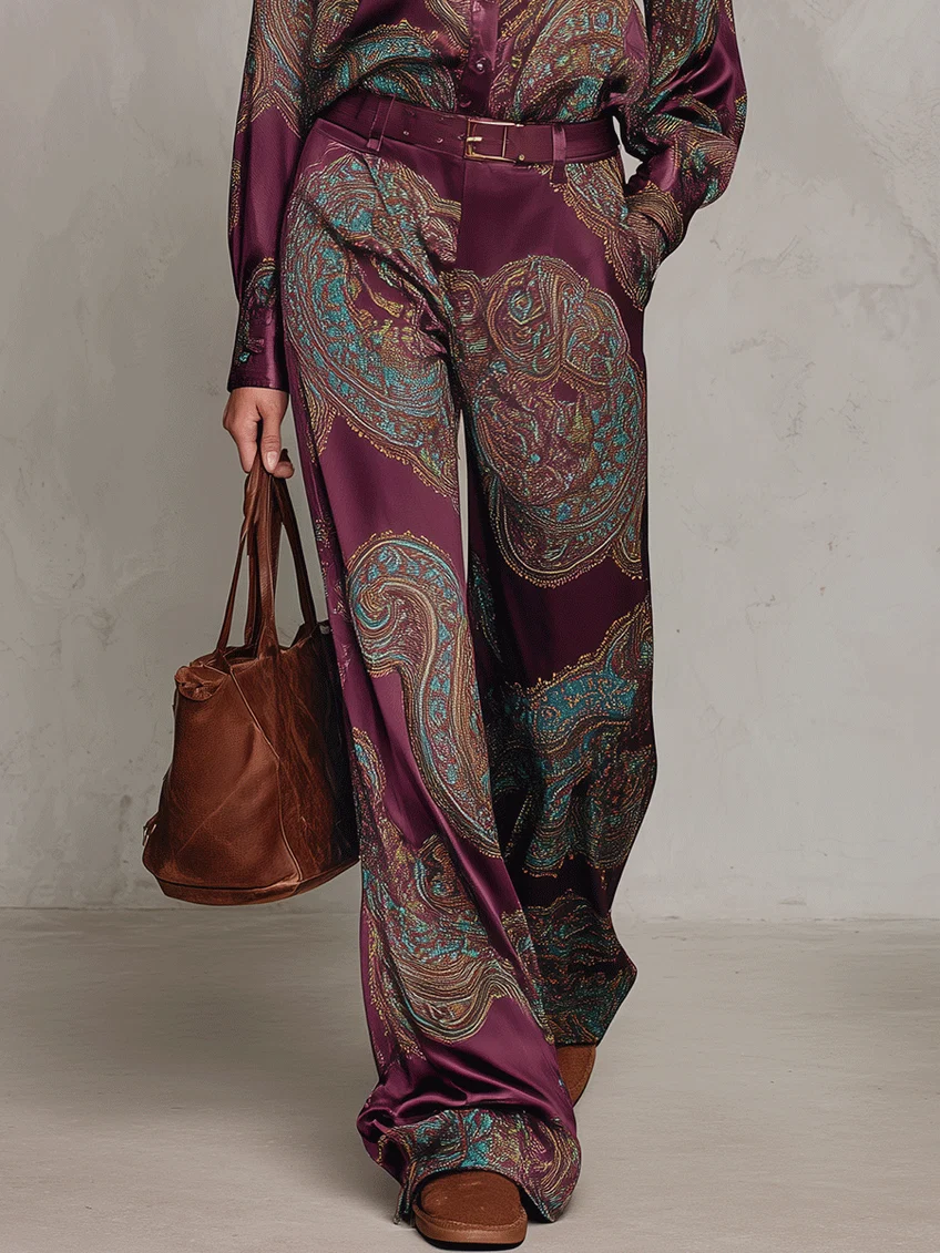 Ensemble chemise satinée à manches longues et pantalon à jambes larges à imprimé cachemire bordeaux-violet (avec ceinture)