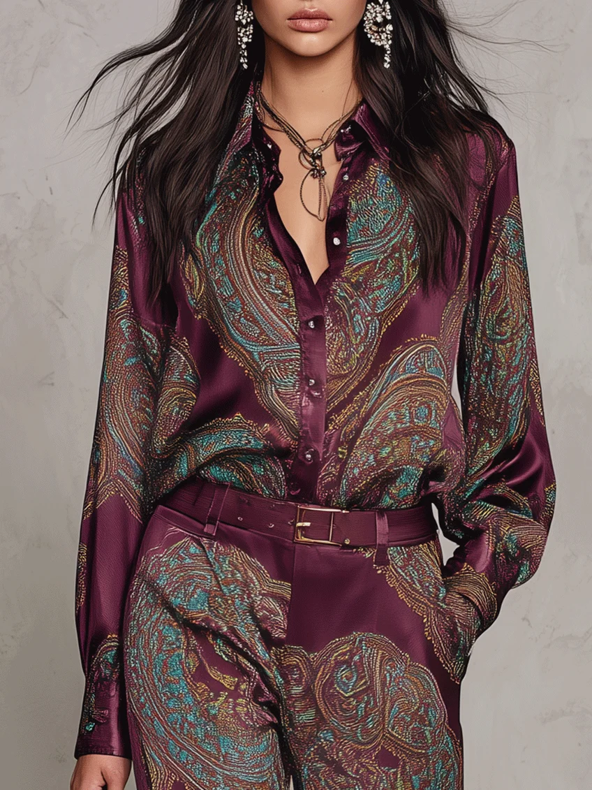 Ensemble chemise satinée à manches longues et pantalon à jambes larges à imprimé cachemire bordeaux-violet (avec ceinture)