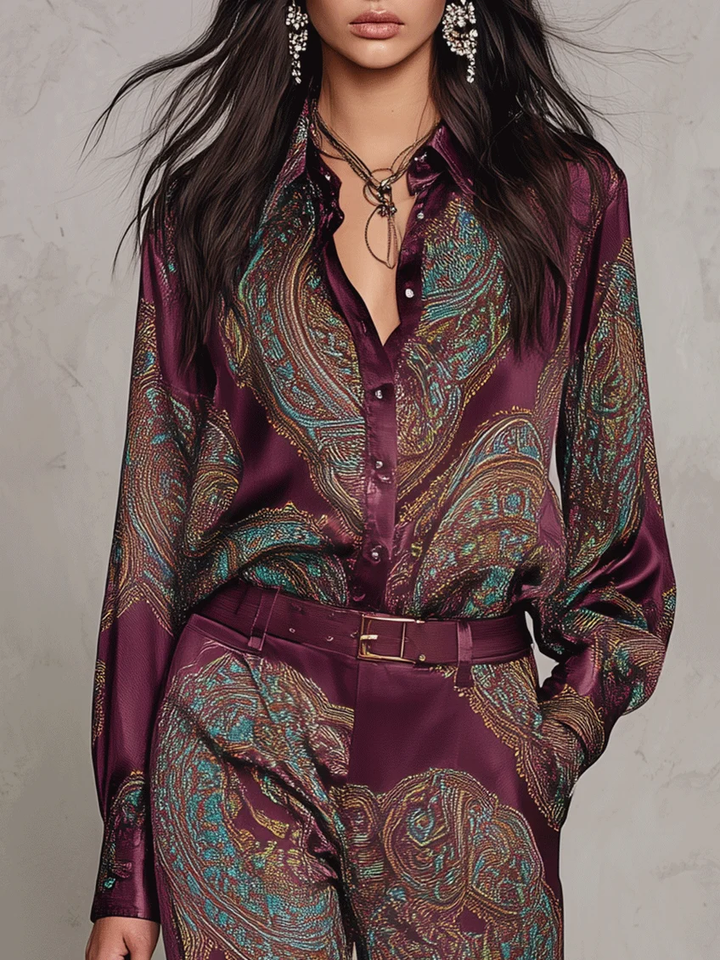 Ensemble chemise satinée à manches longues et pantalon à jambes larges à imprimé cachemire bordeaux-violet (avec ceinture)