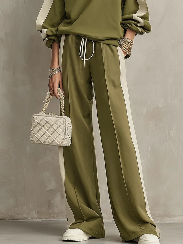 Solange | Sweat Vert Olive Col Rond et Pantalon Large à Cordon Ensemble Casual