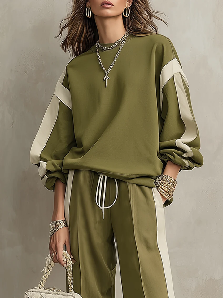 Solange | Sweat Vert Olive Col Rond et Pantalon Large à Cordon Ensemble Casual