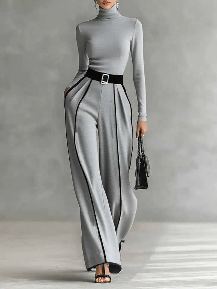 Adèle | Ensemble Col Haut à Liserés Blancs et Pantalon Large