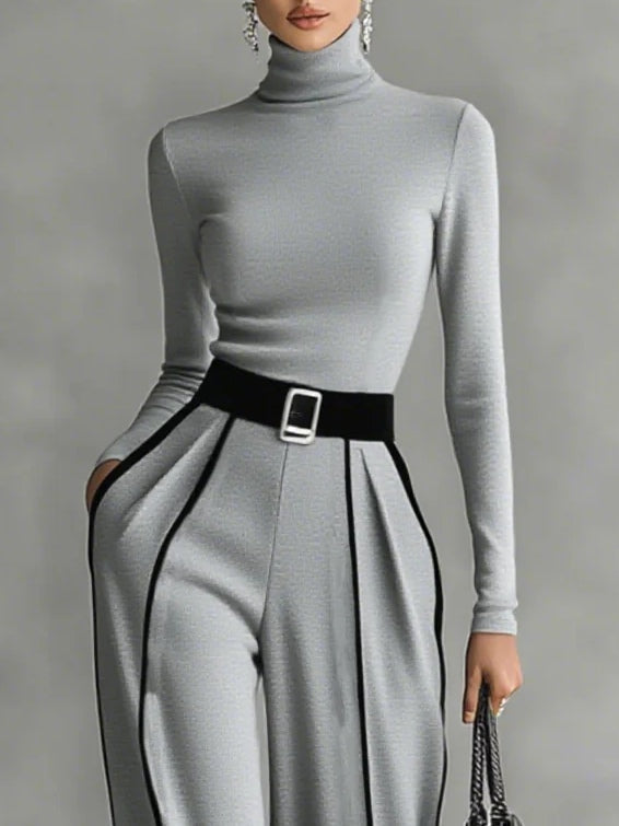 Adèle | Ensemble Col Haut à Liserés Blancs et Pantalon Large