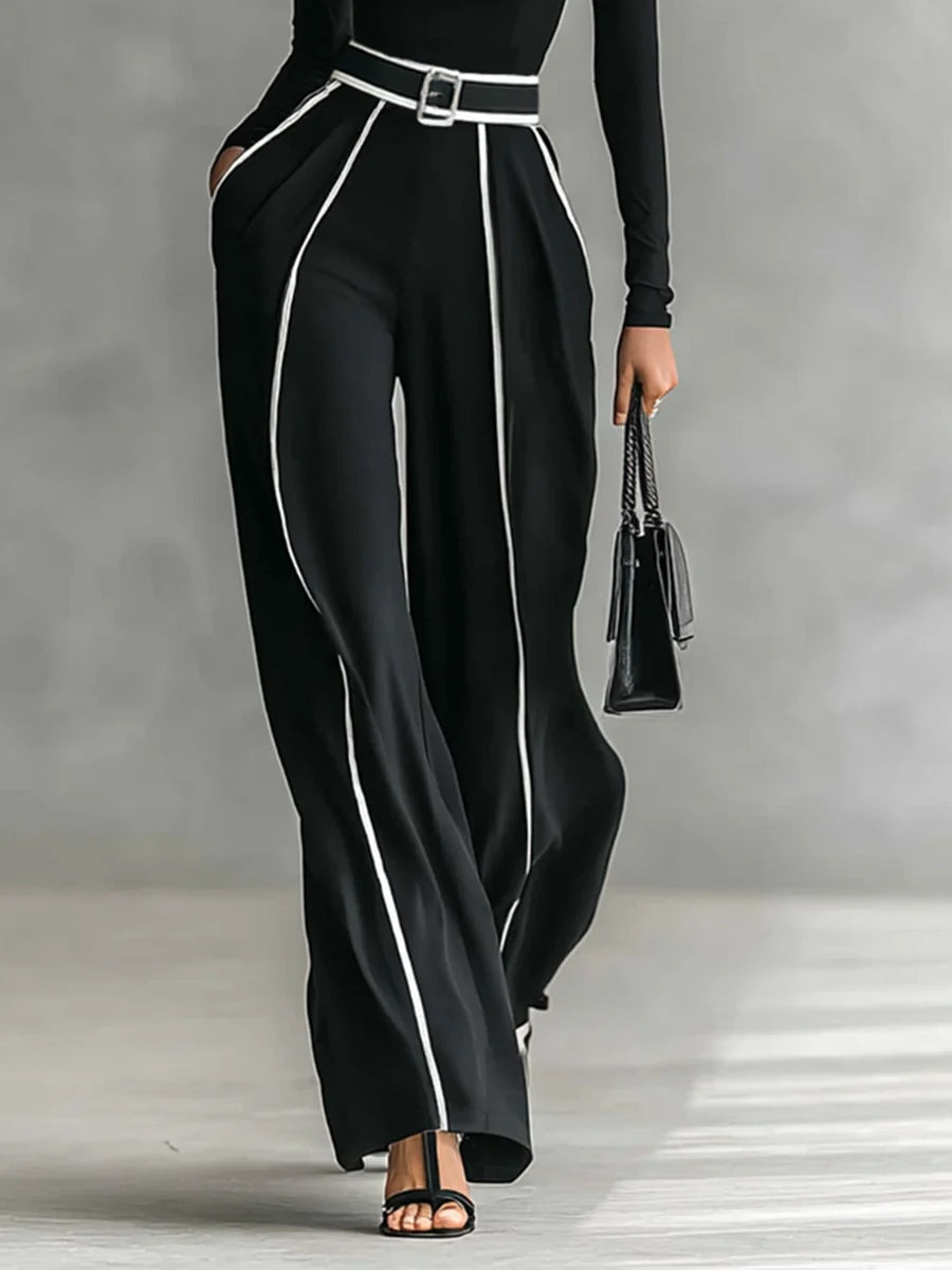 Adèle | Ensemble Col Haut à Liserés Blancs et Pantalon Large