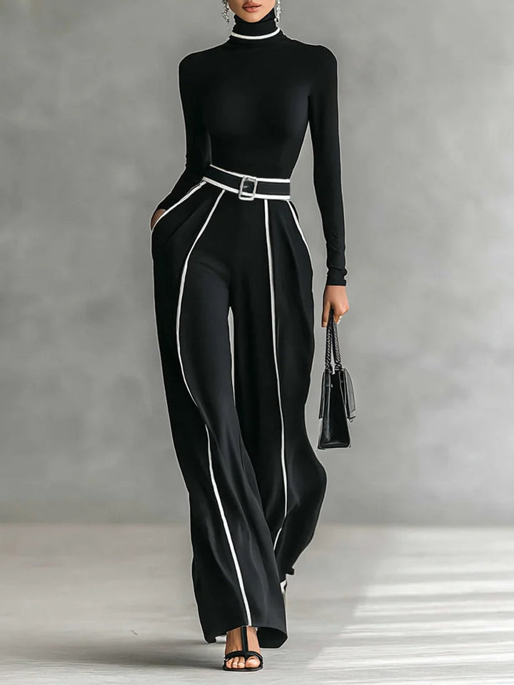 Adèle | Ensemble Col Haut à Liserés Blancs et Pantalon Large