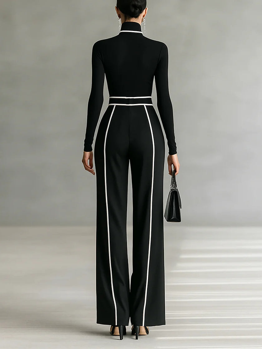 Adèle | Ensemble Col Haut à Liserés Blancs et Pantalon Large