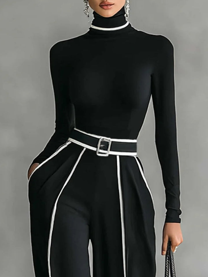 Adèle | Ensemble Col Haut à Liserés Blancs et Pantalon Large